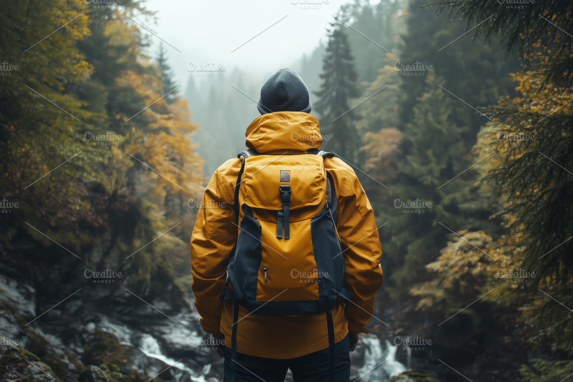 A person in a yellow jacket and backpack stands in a misty forest, surrounded b, a Person Photo by Textures & Backgrounds
