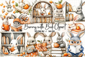 Bunny with Book Clipart PNG Bundle, an Illustration by Libby Wishes
