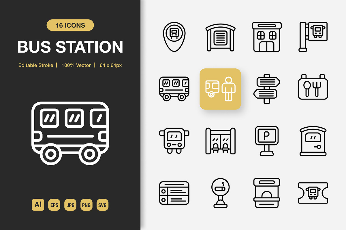 Bus Station Icons, an Outline Icon by Spacepixel Creative