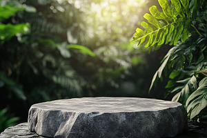 Unique podium display for products in a lush green environment with natural lig, a Background Photo by AlyaAnd