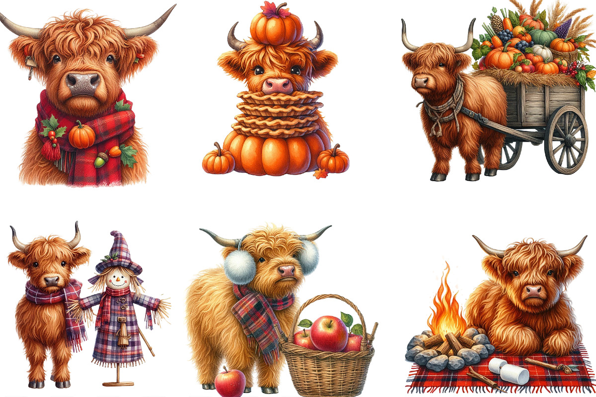 Autumn Fall Highland Cow Clipart, an Illustration by Designking (Photo 3 of 4)