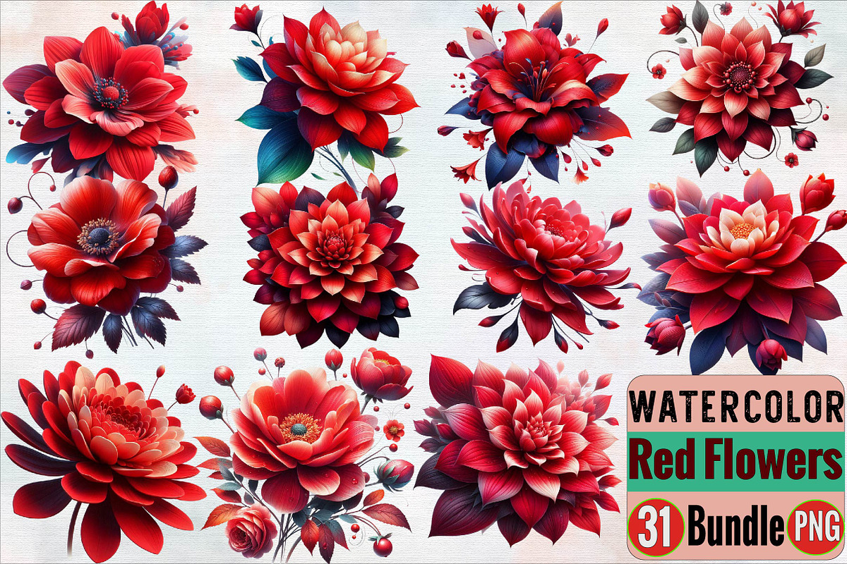 Watercolor Red Flowers Sublimation C, an Illustration by SVGArt (Photo 1 of 7)