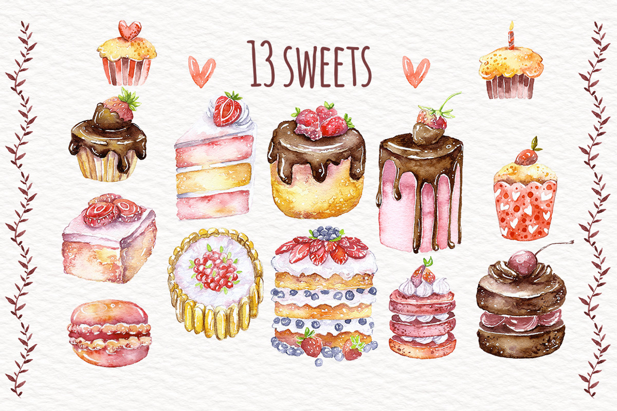Watercolor sweets and flowers, a Food Illustration by talloshau's illustrations (Photo 3 of 8)