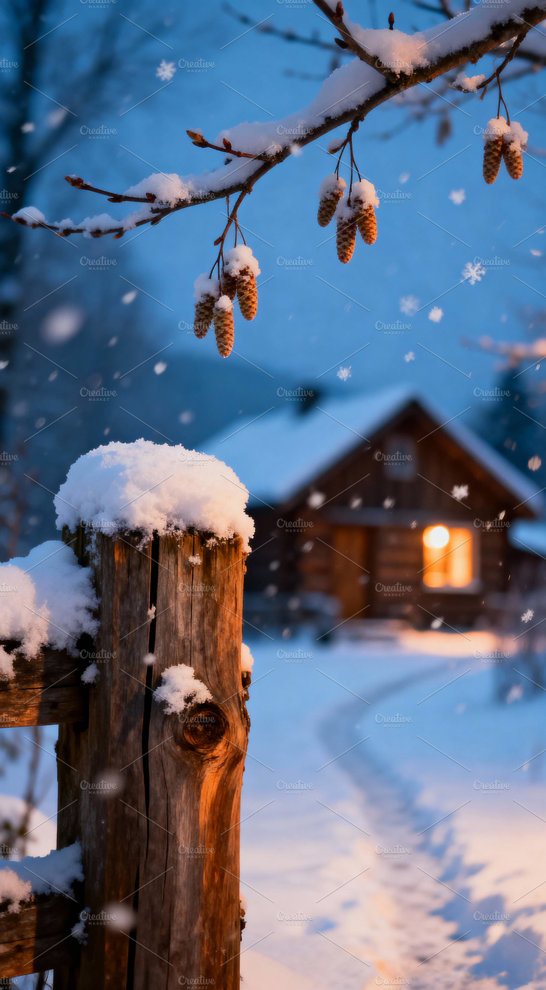 Winter Cabin Amidst Falling Snow, a Nature Photo by Virgo Studio