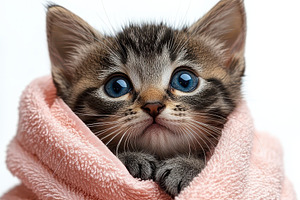Cute Kitten Wrapped in Pink Towel Ad, an Abstract Photo by Pixeness Studio