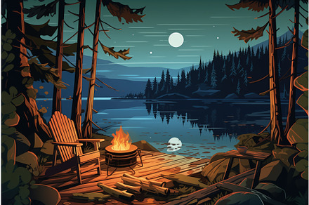 campfire near log cabin and dock by, an Illustration by Sergey Kotenev