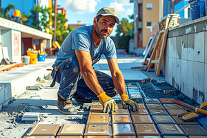Tile mason starting laying the first tiles with precision and te, a Person Photo by DanFLCreativo