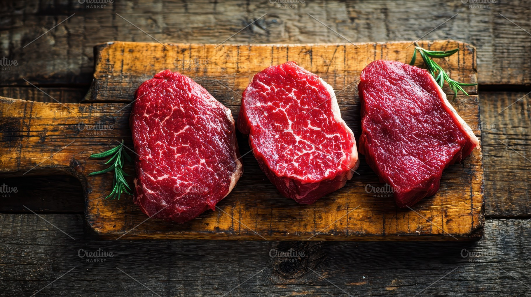 Fresh cuts of beef on a wooden, a Photo by Pavel_design