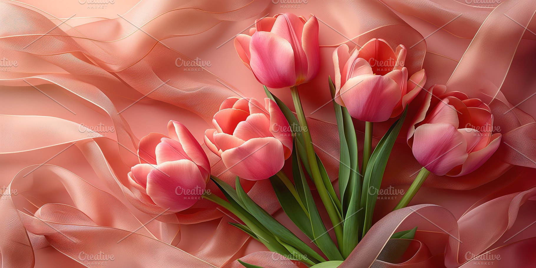 A bouquet of pink tulips elegantly arranged on soft, flowing fabric., a Business Photo by ImageMir