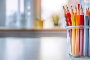 Glass jar filled with colorful pencils on desk