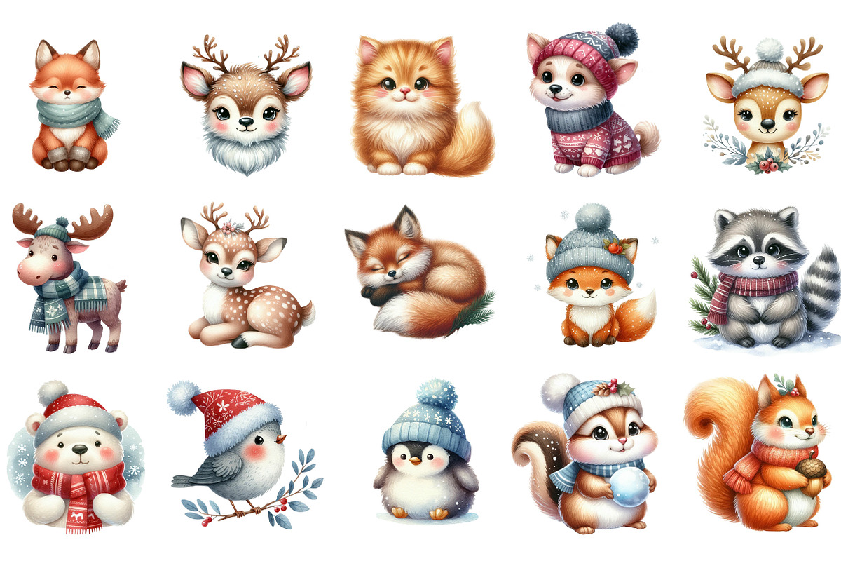 Winter Cute Animal Clipart, an Illustration by Designking (Photo 2 of 5)