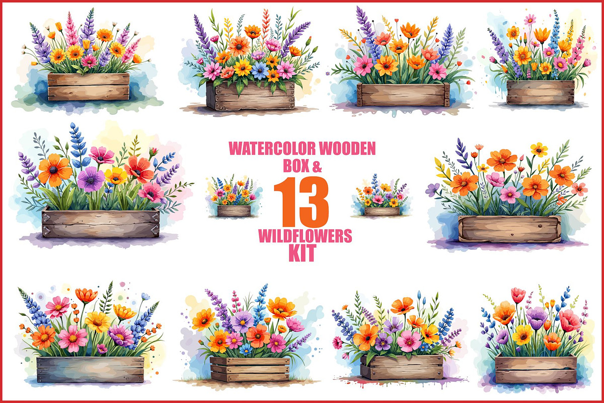 Wildflowers In Wooden Box Clipart Ki, an Illustration by hafijul (Photo 1 of 14)