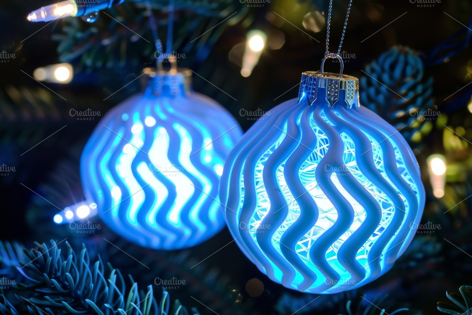 Two glowing LED blue ornaments are h, a Photo by Iftikhar Alam