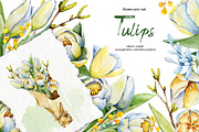 Spring tulips and mimosa, watercolor, an Illustration by Artmanata (Thumbnail 1 of 12)