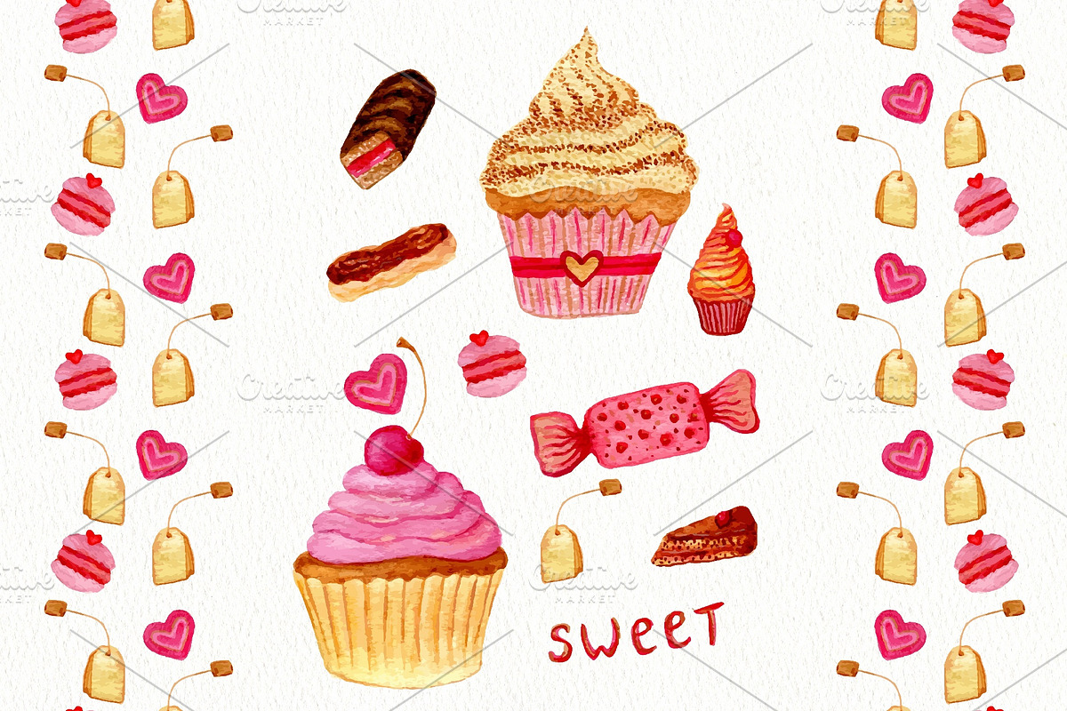 Watercolor sweets. Patterns. Vector, a Decorative Illustration by inkionia♥ (Photo 4 of 4)