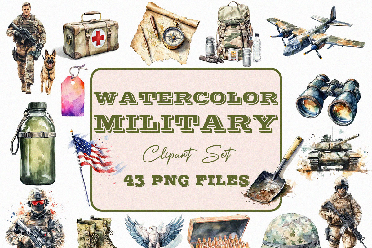 Watercolor Military Clipart (PNG), an Object Illustration by DesignBTF (Photo 1 of 6)