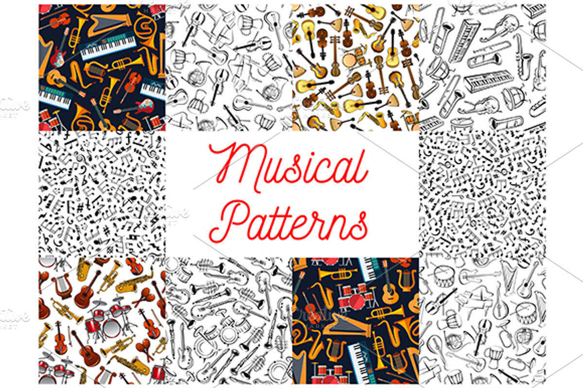 Musical instruments, notes patterns, a Pattern Graphic by Vector Tradition