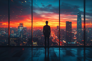 Man observing cityscape from a high-rise during a stunning sunset, a Photo by AS photostudio