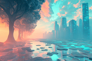 Surreal Cityscape with Trees and Floating Hearts, an Abstract Photo by Natalia Klenova's Shop