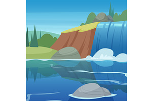 Waterfall. cartoon landscape with, an Illustration by Onyx
