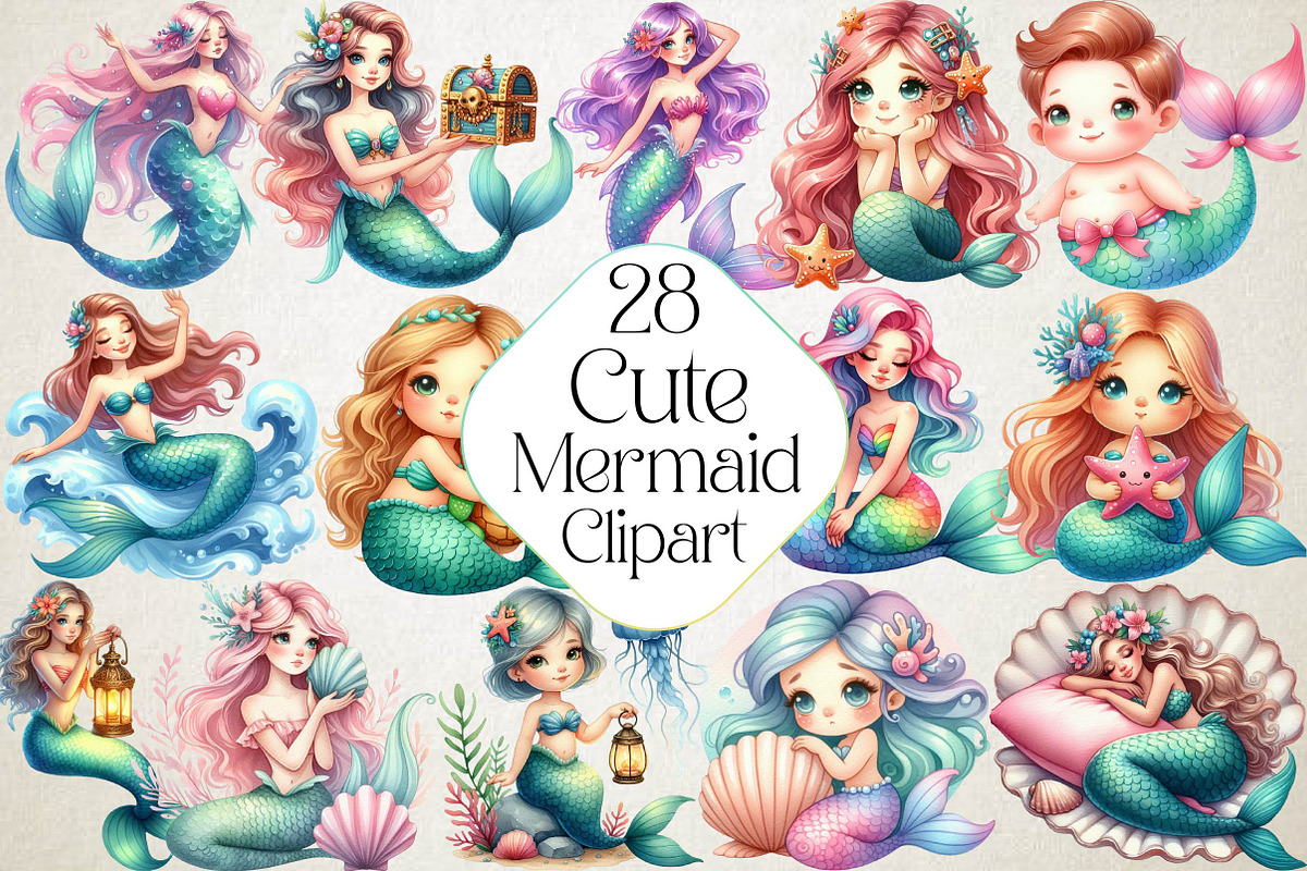 Cute Mermaid Watercolor Clipart, an Illustration by DreamPrint404 (Photo 1 of 4)