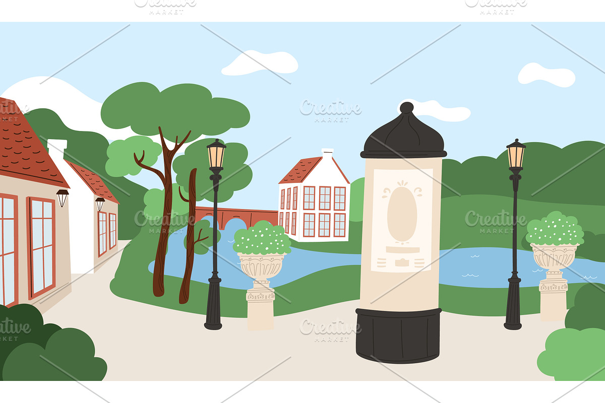 Streets of old town with houses and, an Illustration by Vectorbuum