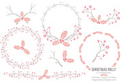 Soft Pink Christmas Holly Clipart, an Illustration by Amanda Ilkov (Thumbnail 1 of 5)