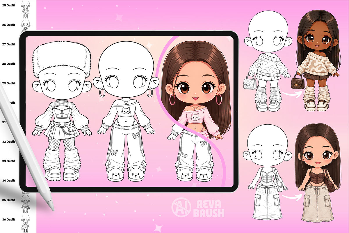 Chibi Procreate Outfit Pose brushes, a Brush Add-On by Revabrush (Photo 9 of 18)