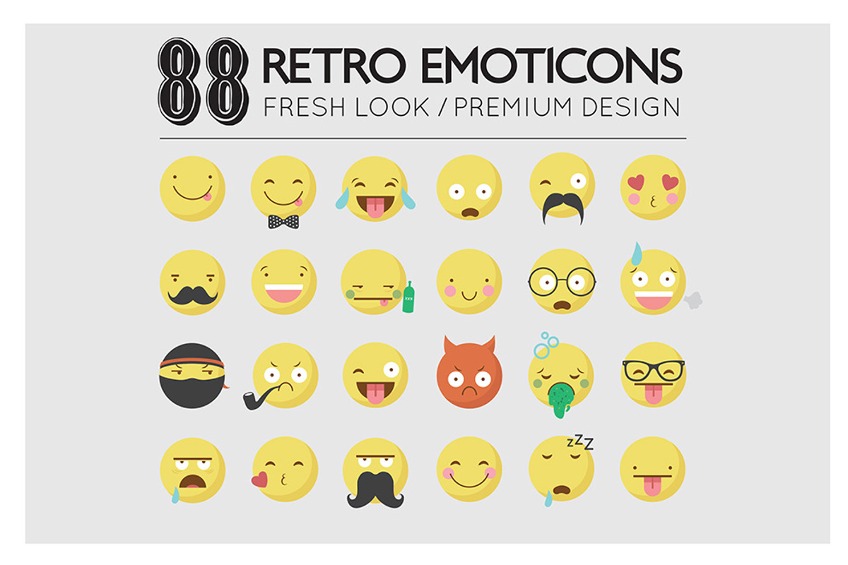 Retro / Hipster Emoticon Icon Set, an Illustration by cloverandcrow (Photo 1 of 4)