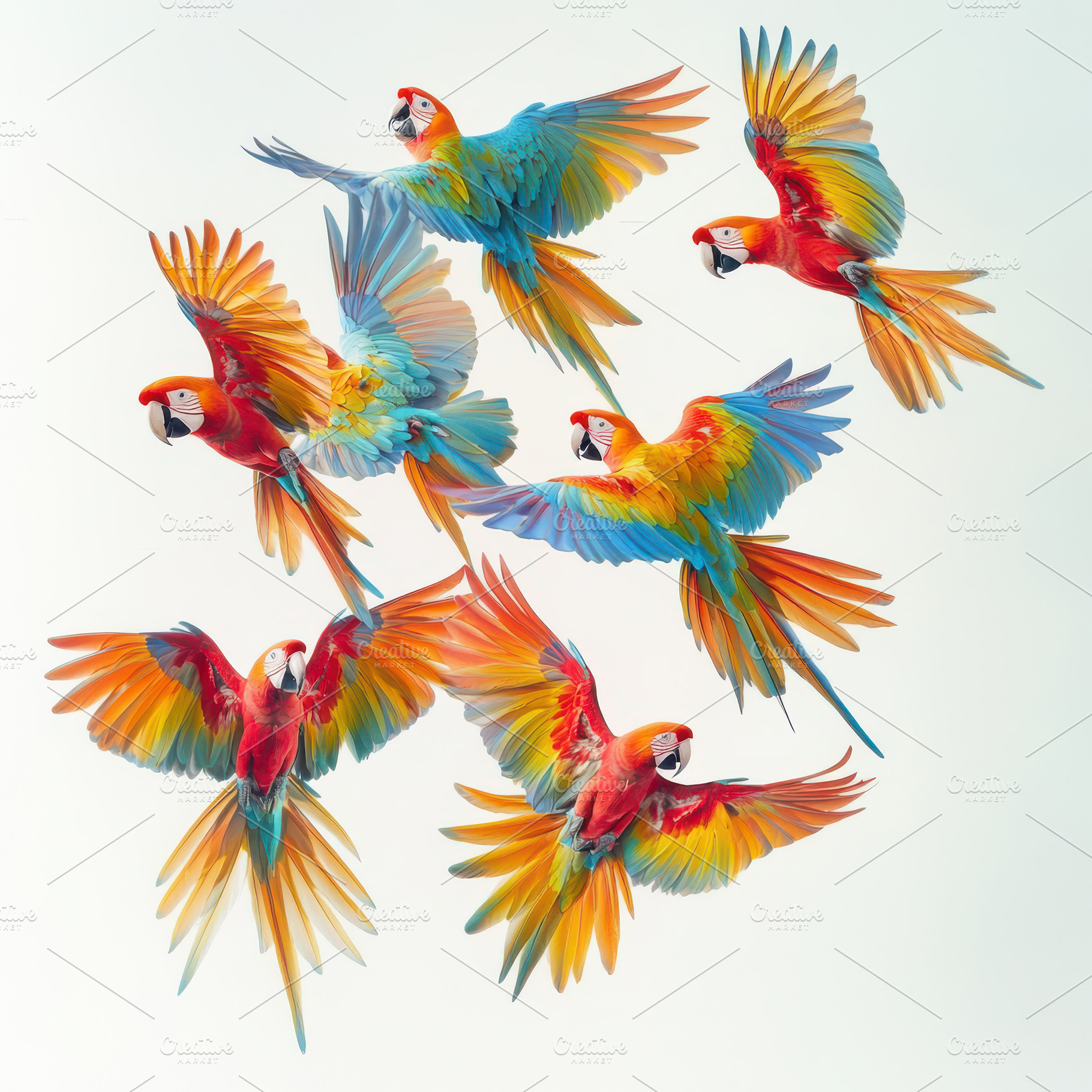 Six Macaws in Flight Vibrant Colors, an Animal Photo by Pixeness Studio