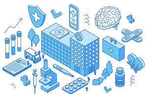 Isometric medical concept. Hospital, a Healthcare Illustration by Valerie Bodnar