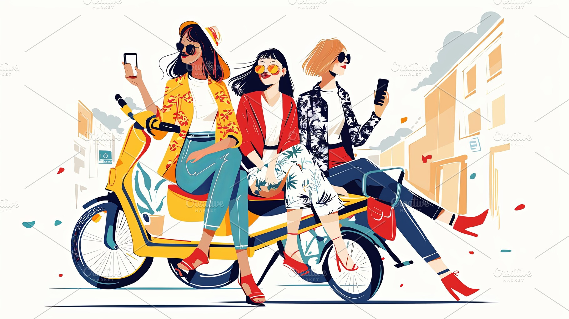 Three stylish women enjoying a ride on a colorful scooter in the city, a Photo by AS photostudio