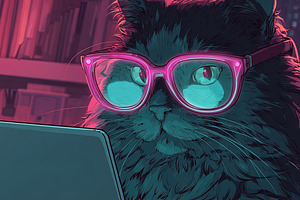 Stylish cat wearing pink glasses sits at a laptop in a modern, c, an Abstract Photo by Ales Munt