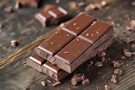 Milk chocolate bar on wooden background, a Food & Drink Photo by AlyaAnd