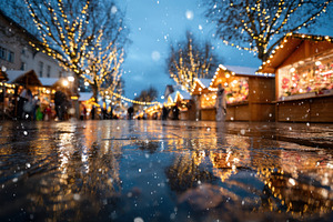 Festive winter market with snow and lights, a Background Photo by AlyaAnd
