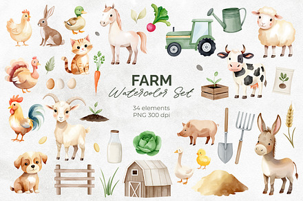 Watercolor Farm Clipart. 34 Elements