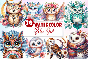 Boho Owl Sublimation Clipart, an Illustration by Watercolor design