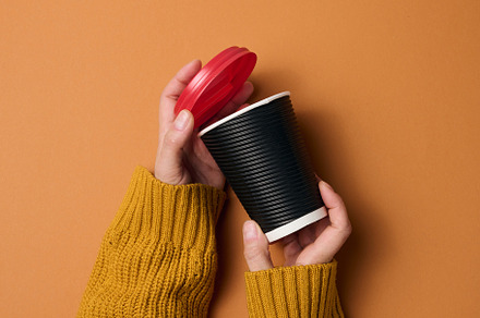 hands hold paper cardboard brown cup for coffee. Eco-friendly ta, a Food & Drink Photo by ndanko