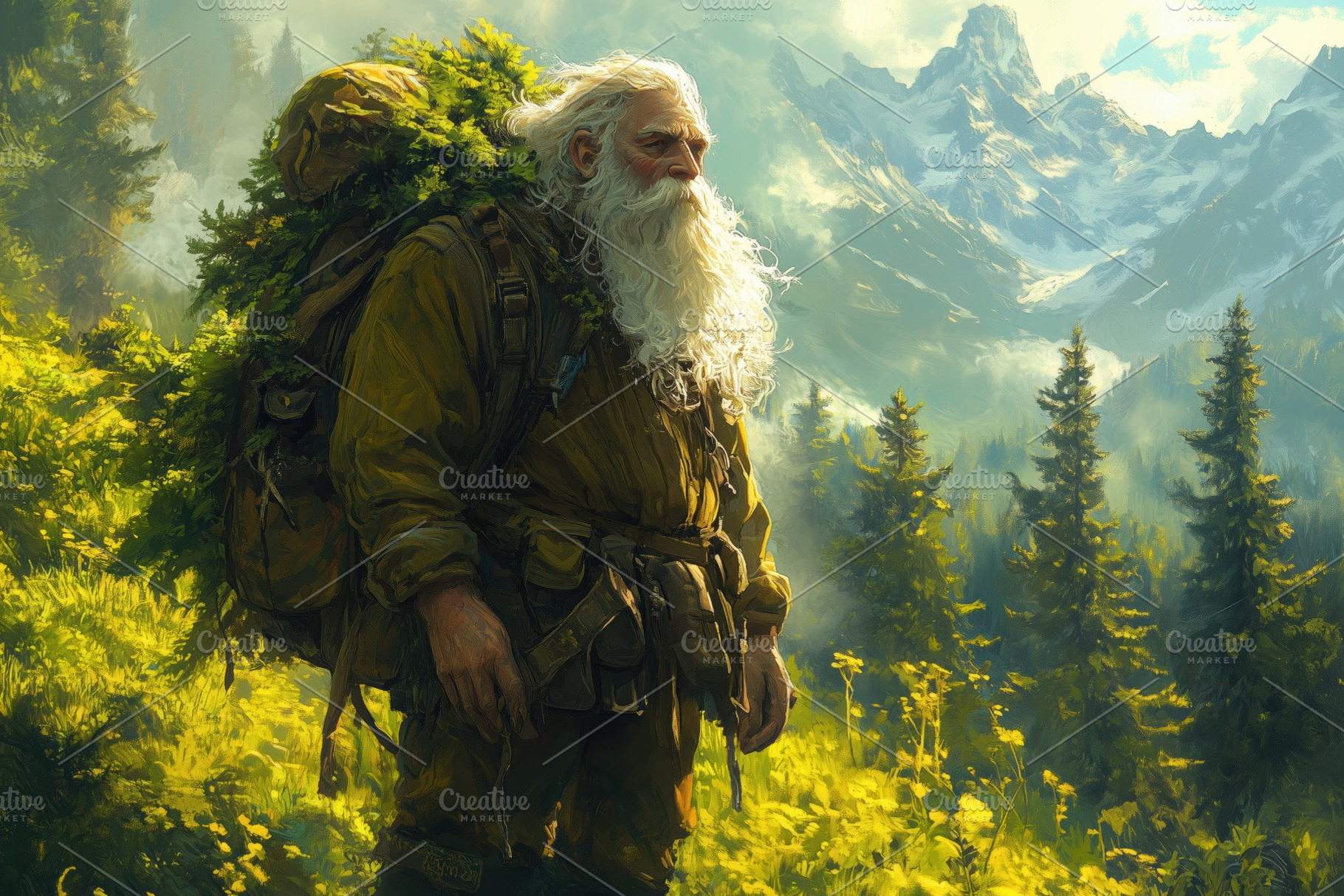 An elderly forester man with a long white beard stands in a lush green landscap, a Person Photo by Textures & Backgrounds