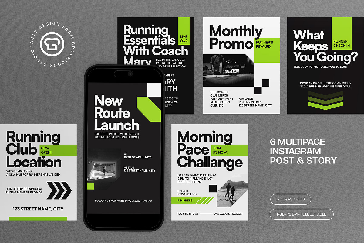 Running Club Instagram Set, a Social Media Template by graphicook (Photo 1 of 3)