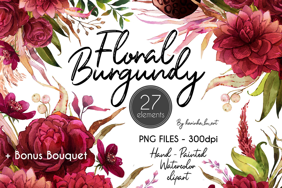 Burgundy Botanical Boho clipart set, an Illustration by KarinkaBU (Photo 1 of 9)