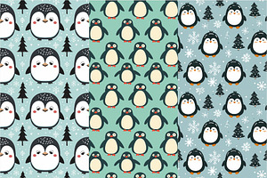 10 Penguin Doodle Seamless Patterns