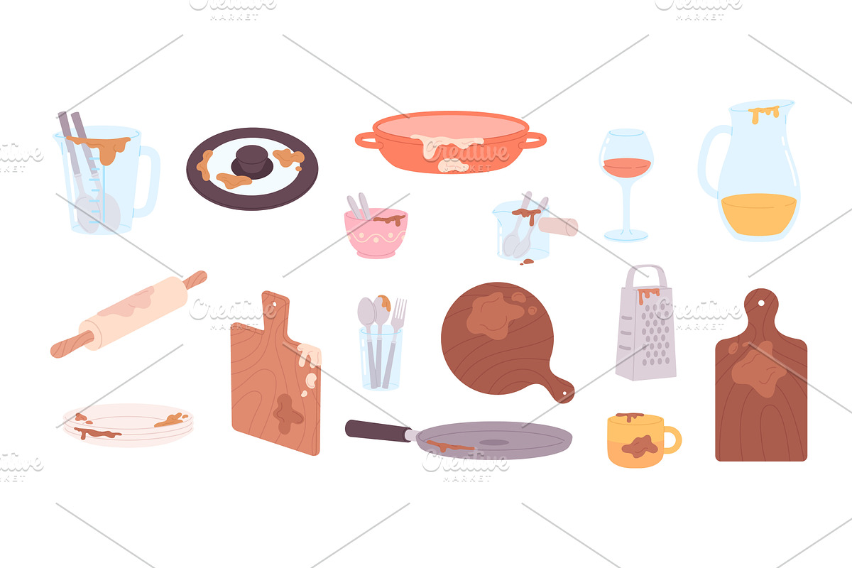 Dirty kitchen utensils and crockery, a Food Illustration by LadadikArt