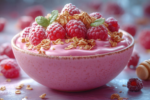 Delicious pink yogurt topped with fr, a Photo by Tanuart