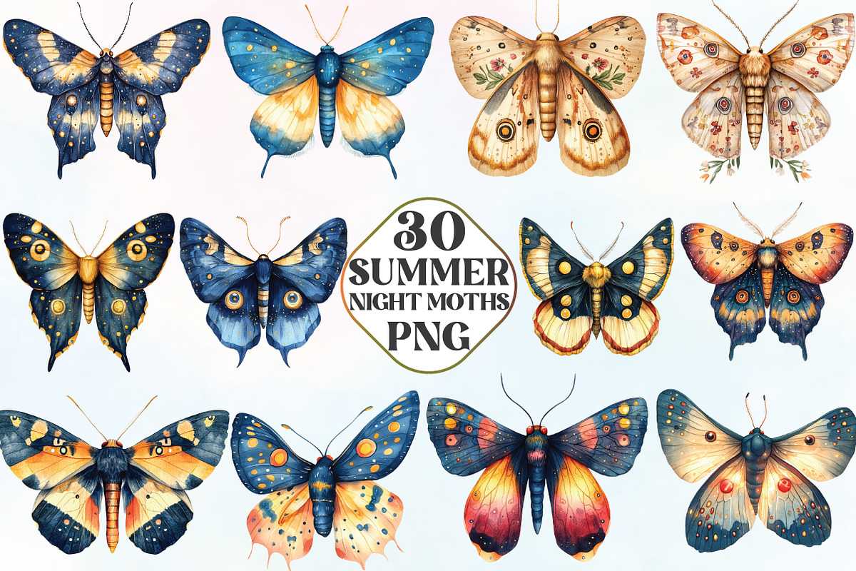 Watercolor Summer Night Moths, an Illustration by CraftArtStudio (Photo 1 of 6)