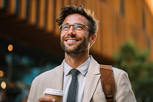 Happy businessman coffee city street, a Photo by Pixeness Studio