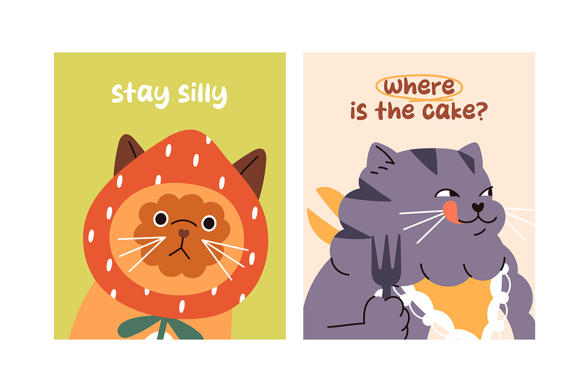 Cute funny cats set, cards, an Animal Illustration by PaperTrident (Photo 4 of 6)