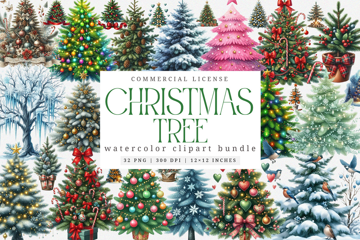 Watercolor Christmas Tree Clipart, an Illustration by SinaCreation (Photo 1 of 7)
