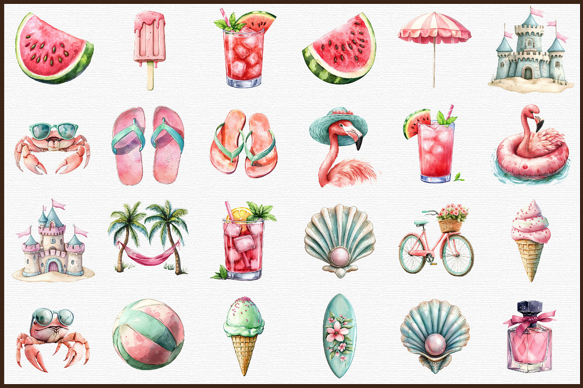 Watercolor Pink & Mint Summer Clipar, an Illustration by Sublimation Artist (Photo 2 of 6)
