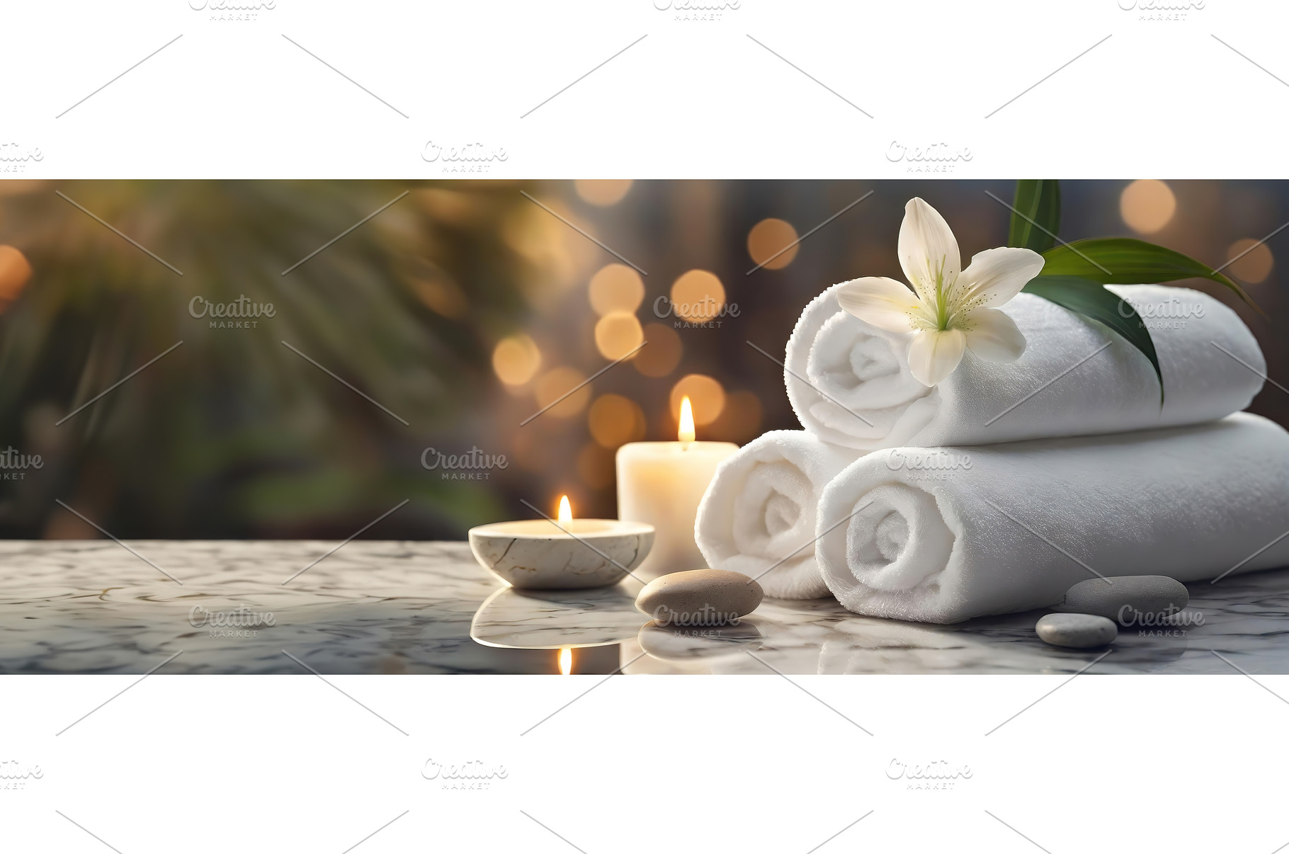 Spa setting with rolled white towels, a Beauty & Fashion Photo by Igor Tichonow